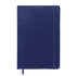 A navy blue A5 notebook with a textured cover and an attached elastic band. It features a logo on the front.