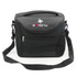A black cooler bag with a zippered front pocket and a mesh side pocket, featuring a logo.