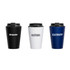Three coffee mugs in black, white, and navy blue, each with a lid and featuring different logos.