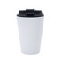 A coffee mug in white with a black lid, featuring a smooth, modern design and a branding logo.