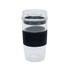 A reusable coffee cup in clear and black, featuring a silicone grip and a lid. It has a 354mL capacity.