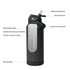A drink bottle featuring a grey stainless steel exterior, silicone mouthpiece, and a comfort carry handle.