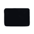 A black laptop sleeve with a zip closure and a smooth surface. Features a branding logo.