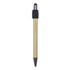 A bamboo pen with a black tip and a textured black grip, featuring a branding logo.