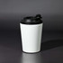 A travel mug featuring a white body and a black lid, with a branding logo on it.