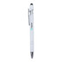 A white metal pen with a silver clip and black stylus tip, featuring a logo on the barrel.