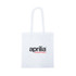 A white tote bag with two handles and a logo printed on the front.
