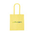 A yellow recycled cotton tote bag with handles and a logo on the front.