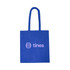 A vibrant blue cotton tote bag featuring a logo on one side. The bag has sturdy handles for easy carrying.