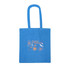 A blue tote bag featuring colourful floral designs and a logo. It has long handles for easy carrying.