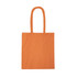 An orange tote bag with two long handles and a simple design. It has a branding logo.