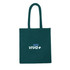 A dark green recycled cotton tote bag with long handles and a logo printed on the front.