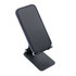 A black folding desktop mobile phone and tablet stand, featuring a sturdy base and adjustable angle for devices.