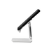 A folding desktop mobile phone and tablet stand in white and grey, featuring a sleek, adjustable design for various devices.