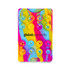 A multicoloured phone wallet featuring suction cups, with a logo in the centre.