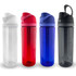 A drink bottle in four colours: clear, red, blue, and black, featuring a lid with a handle and branding.