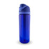 A drink bottle in vibrant blue with a matching lid and a logo. Ideal for hydration on the go.