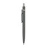 A grey metal pen with a shiny silver clip and branding on the barrel.