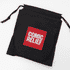 A black drawstring pouch featuring a red square with a white logo.
