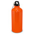 A drink bottle in vibrant orange with a black top and a carabiner attachment. It has a smooth, glossy finish.