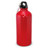 A drink bottle in vibrant red, featuring a black cap and a silver carabiner for easy attachment.