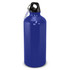 A drink bottle in glossy blue with a black cap and a metal clip for attaching to bags or loops.