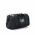 A black duffle bag with a logo, featuring a zippered main compartment and handles.