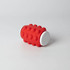 A red spinner with a textured surface and white ends, featuring rounded bumps. It has a logo on one side.