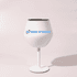 A white detachable wine glass with a logo on the front. The glass has a stem and a round bowl shape.