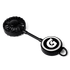 A black rechargeable fan with a round base featuring a logo. It has a compact design for easy portability.