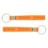 An orange silicone strap keytag with a metal ring and branding, featuring a smooth design.
