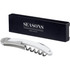 A waiter’s knife with a stainless steel corkscrew and a white handle, accompanied by a black box featuring a logo.