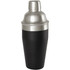 A stainless steel cocktail shaker featuring a black matte finish and a silver top, with a logo on the side.