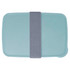 A teal lunch box with a grey strap, featuring a smooth surface and rounded edges. It includes a logo.