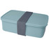 A lunch box in a soft blue colour, featuring a grey elastic band for secure closure and a simple design.