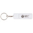 A white plastic phone stand with a keyring, featuring a fidget toy and a logo on one side.