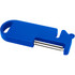 A blue multi-purpose kitchen tool with a peeler blade and a handle, featuring a logo on the side.