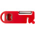 A red multi-purpose kitchen tool featuring a peeler, bottle opener, and a small tip for various functions.