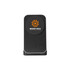 A black wireless charger with a circular top and a branding logo on the surface.