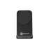 A black wireless charger with a sleek design and a logo at the base.
