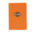 An orange A5 notebook with a logo on the front and a yellow elastic closure.