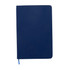 A dark blue A5 notebook with a smooth cover and a ribbon bookmark, featuring a logo on the front.