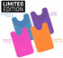 A selection of four phone wallets in Powder Blue, Violet, Magenta, and Tangerine, featuring a textured design and logos.