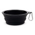 A black collapsible bowl with a silver carabiner attached, featuring a sleek design.