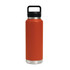 A drink bottle in vibrant orange with a stainless steel base and a black Tritan lid. It features a logo.