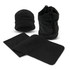 A black beanie and a black scarf set, packaged in a matching drawstring bag, made from soft fleece material.