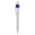 A white plastic pen with a blue accent and clip, featuring a round cap design and a branding logo.