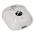A pair of white earphones in a clear case, featuring a logo on the front.