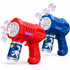 A red and blue bubble gun with bubble-producing lights and a bubble solution container featuring an astronaut design.