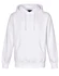 A white adult's close front contrast fleecy hoodie featuring a front pocket and adjustable drawstring hood.